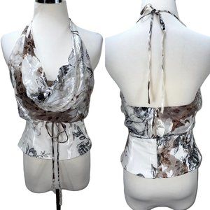 Vintage Kay Unger Silk Blend Halter Top Size 2 - XS Print White Black Tie